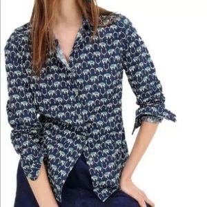 Womens J. Crew Elephant Print button-down Navy Cotton Blouse, Size 6 EUC